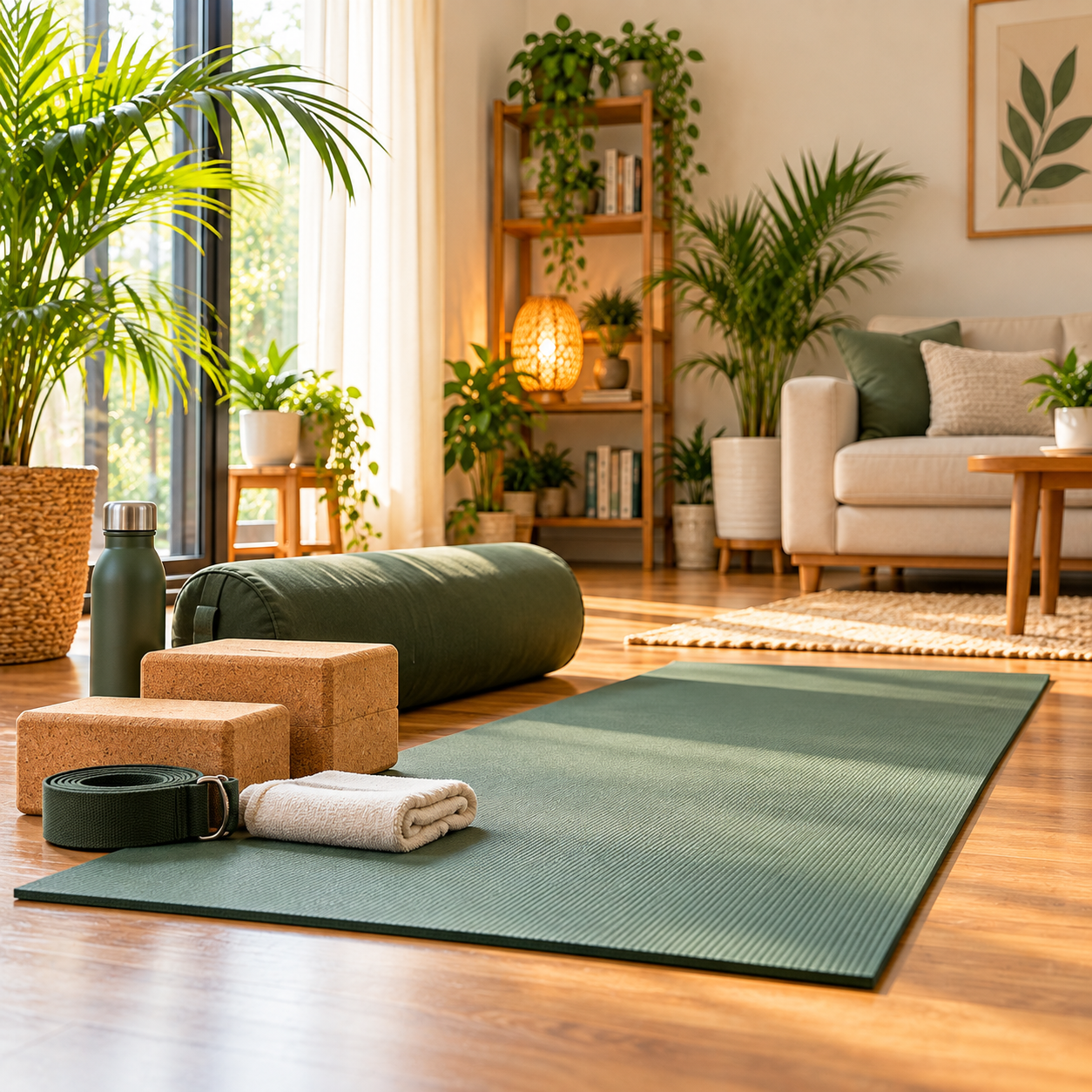 Yoga mat and props set up at home